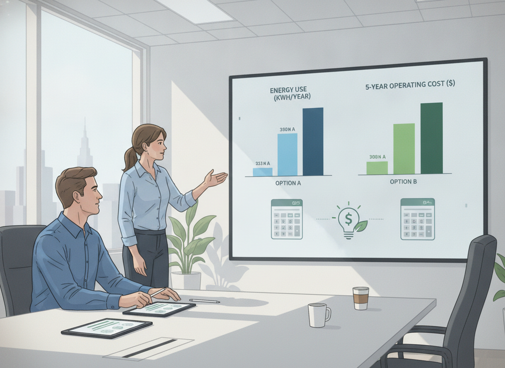 Facility manager comparing energy use and five-year operating costs for two display wall options in a meeting room.