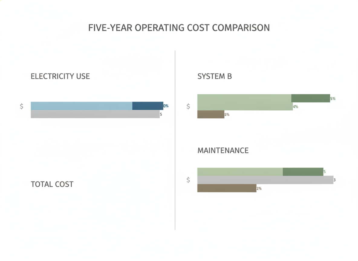 Side-by-side comparison showing energy consumption, maintenance, and operating cost over five years for a lower-efficiency and higher-efficiency display wall.