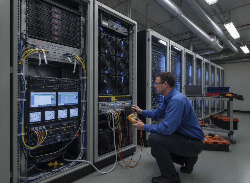 Technician inspecting display wall power draw and cooling setup in a facility equipment room.