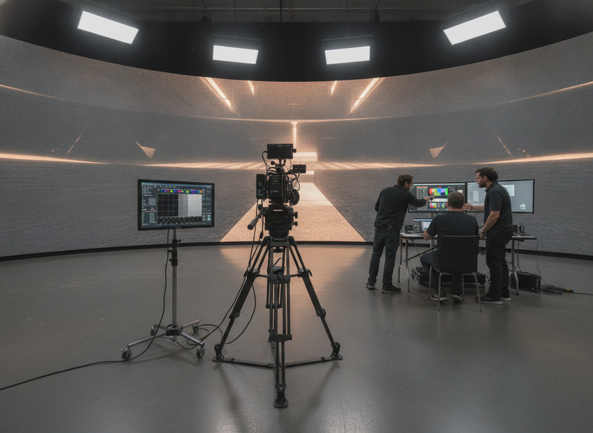 Virtual production LED wall test protocol setup with camera, lens, and LED volume in a studio