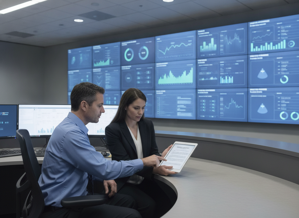 Control room team reviewing an LED wall warranty contract beside a large video wall