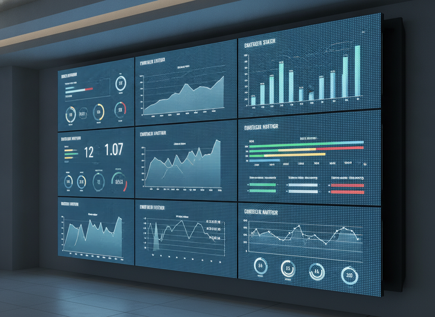 Static dashboard content on a fine-pitch LED wall in a control room