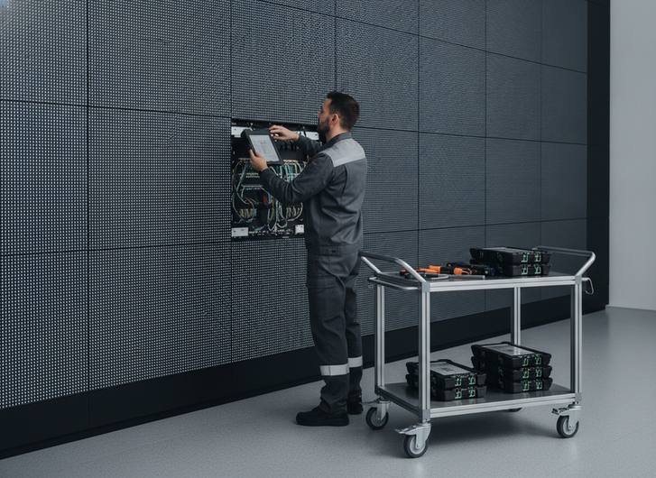 Technician replacing an LED wall module while comparing spare stock in a service cart