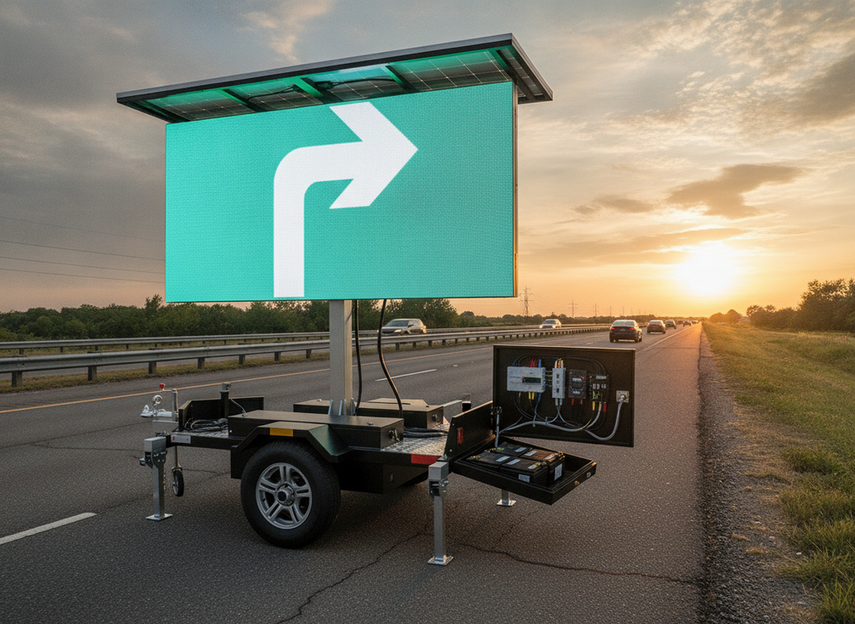 Solar VMS trailer with tilted panel and battery compartment at the roadside