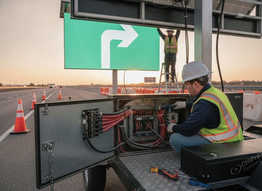 Technician checking solar VMS battery cabinet connections next to a trailer-mounted sign