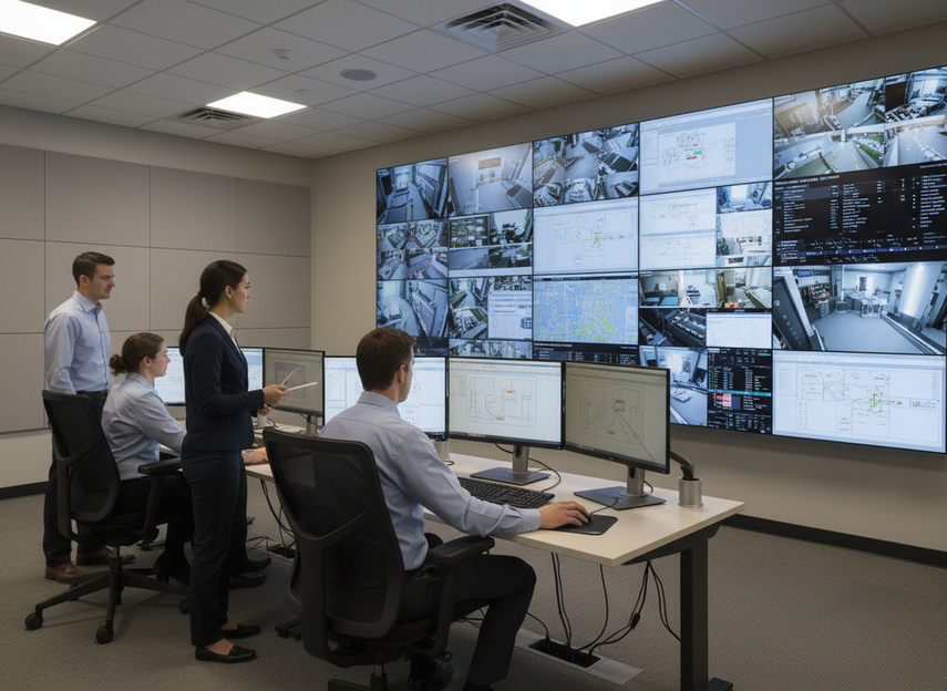 Operators reviewing source layouts for a new LED control room wall
