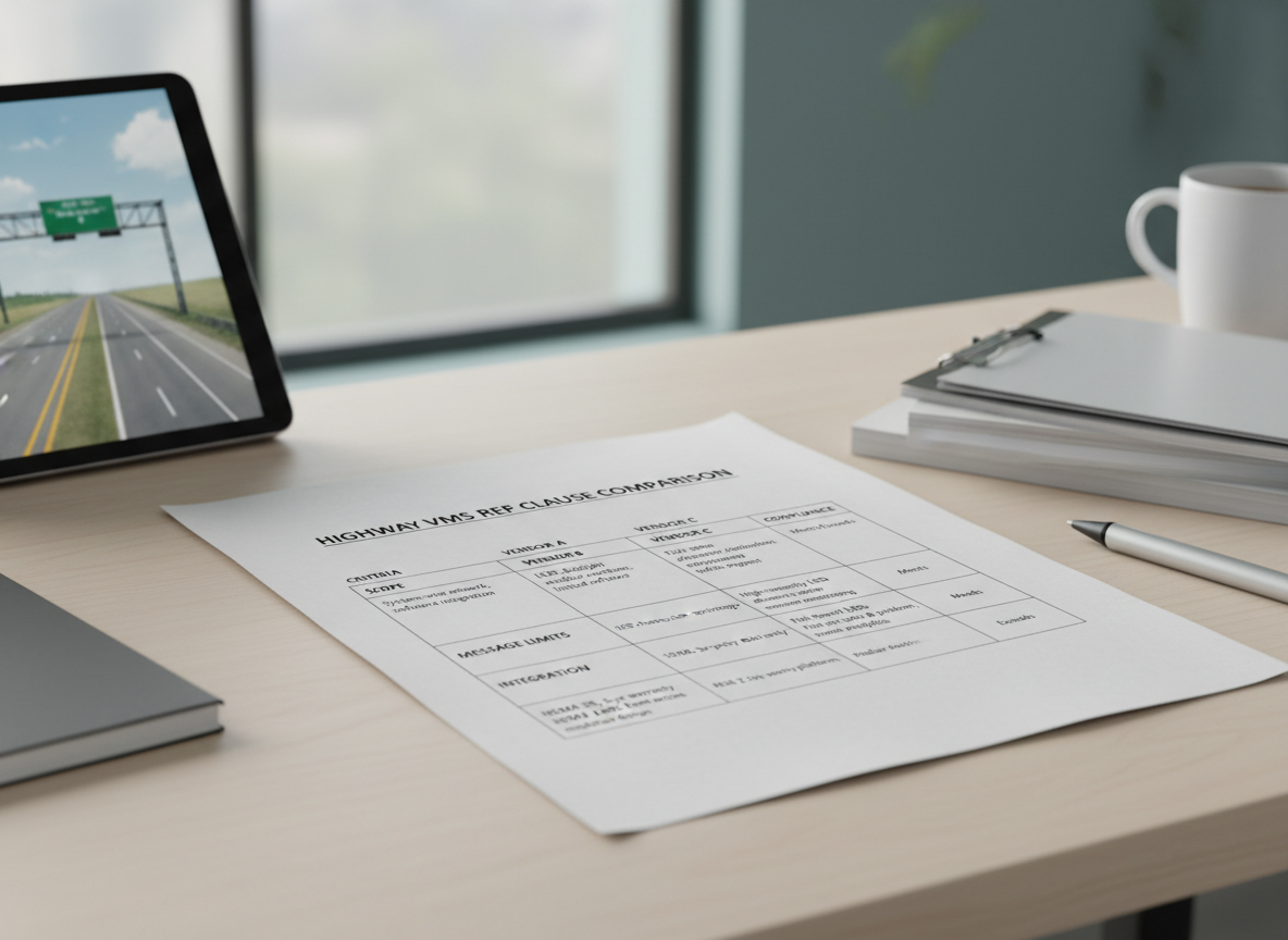 Highway VMS clause comparison table with scope, visibility, message limits, integration, and mechanical basics