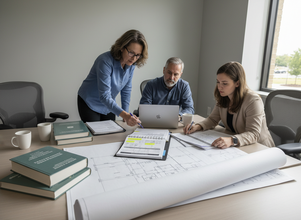 Transportation engineers reviewing NTCIP and MUTCD reference pages for a highway VMS specification