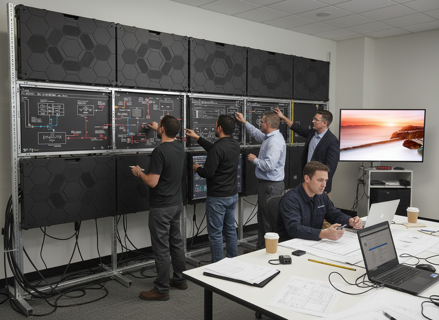 Technicians reviewing a video wall installation plan in a control room