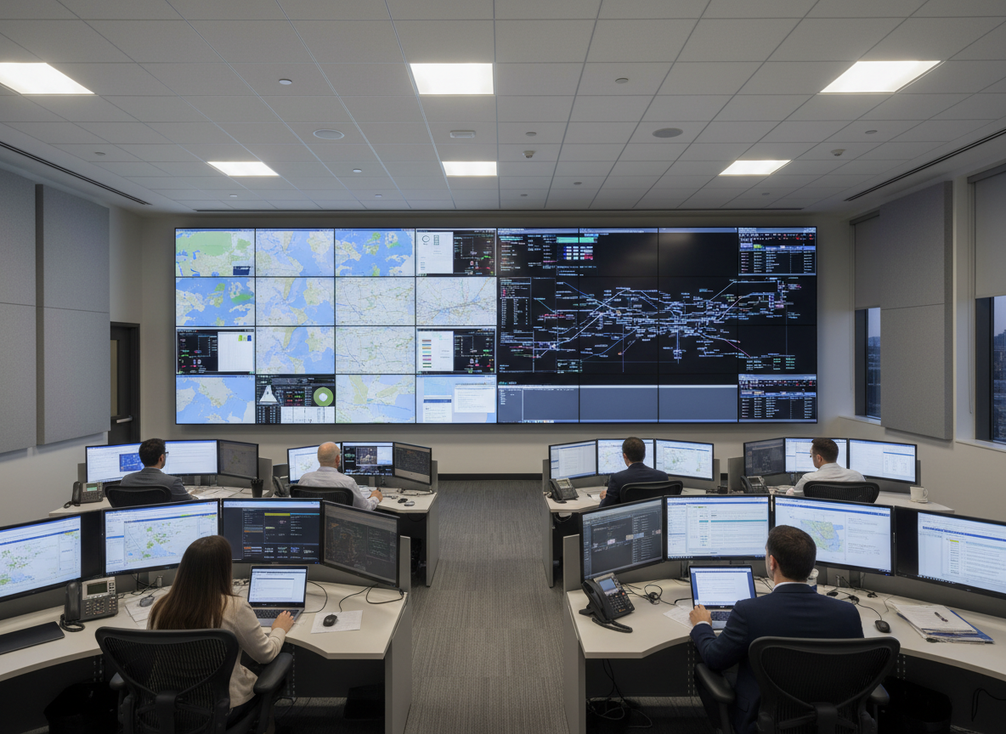 A control room comparing an LCD video wall with a direct-view LED wall
