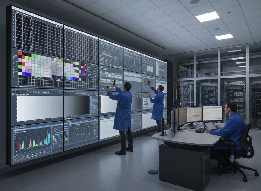 Technicians calibrating a direct-view LED wall in a control room