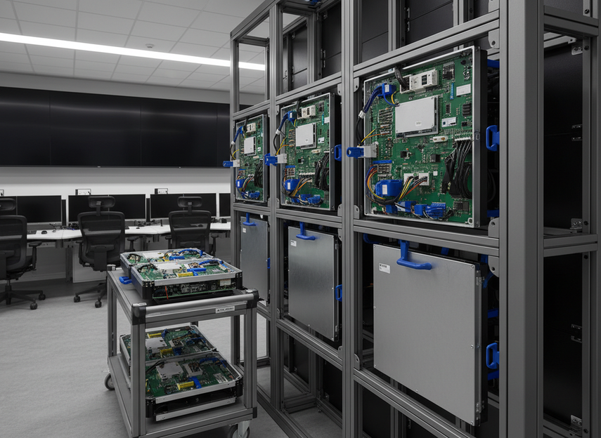 Close-up of fine-pitch LED modules and service access details