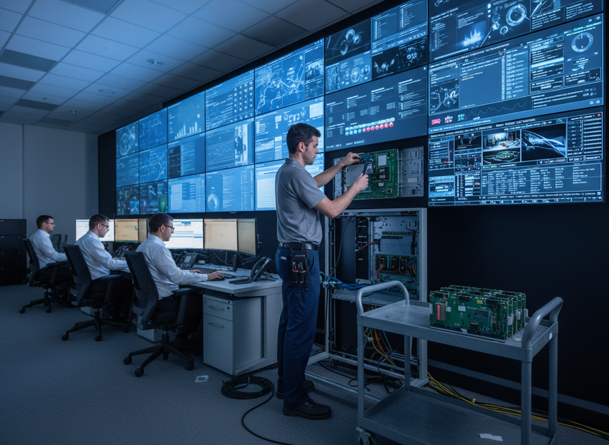Front-service LED wall maintenance workflow for a control room
