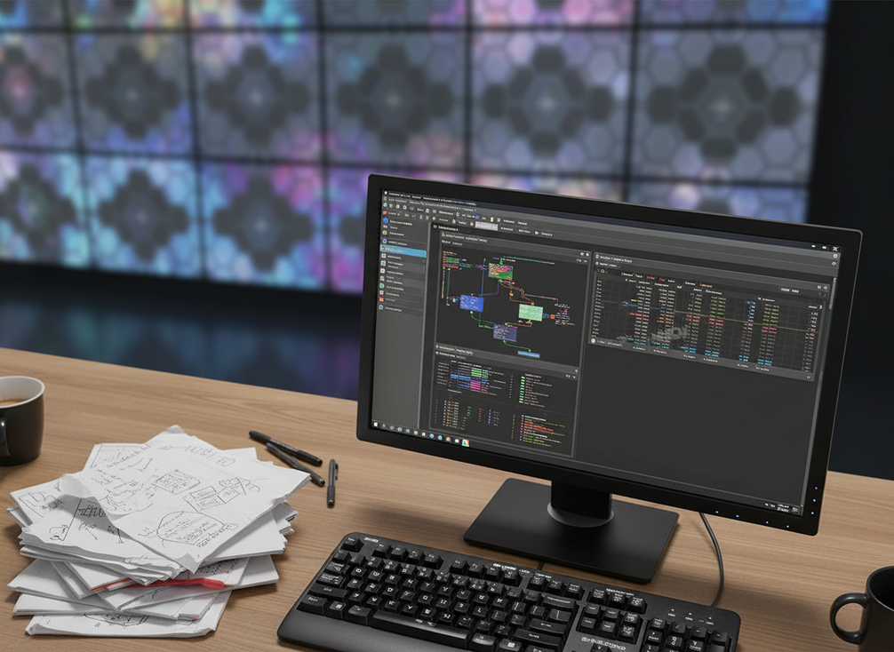 Close view of an XR display pipeline decision at a workstation beside a production monitor