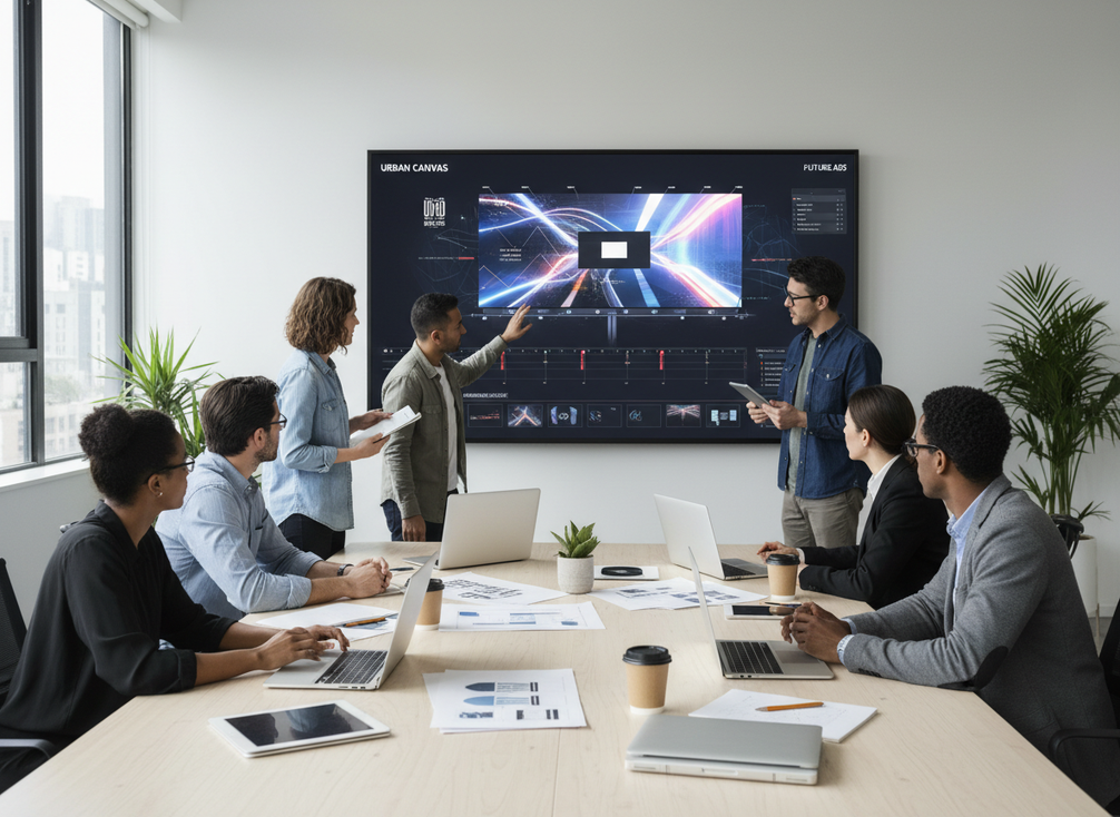 Creative team reviewing a digital billboard layout and motion storyboard for a 3D campaign