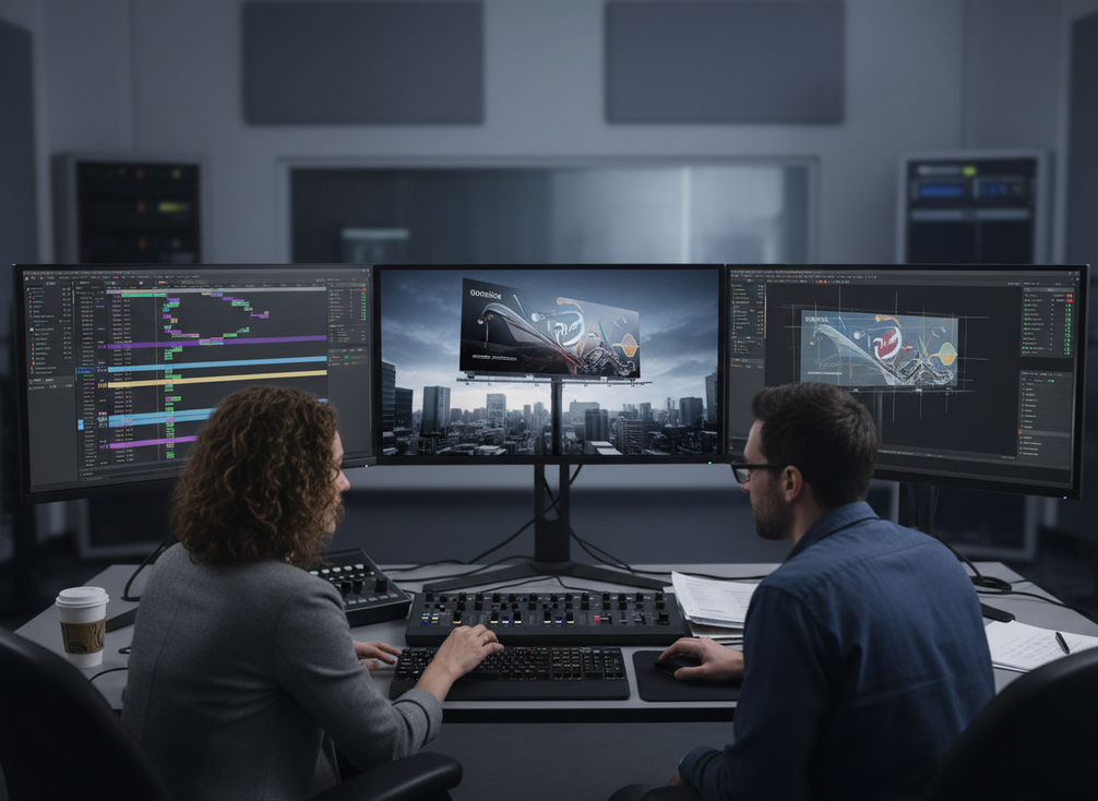 Designers checking a 3D billboard motion test on a monitor before final rendering