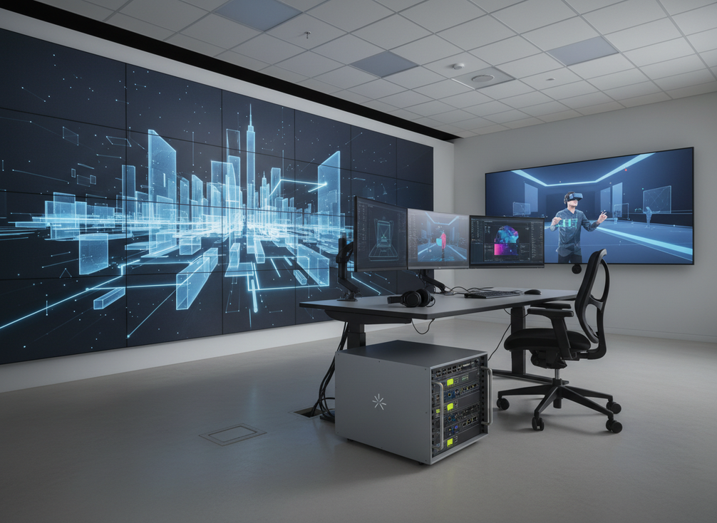 XR video wall workflow setup in a control room with a processor and display system