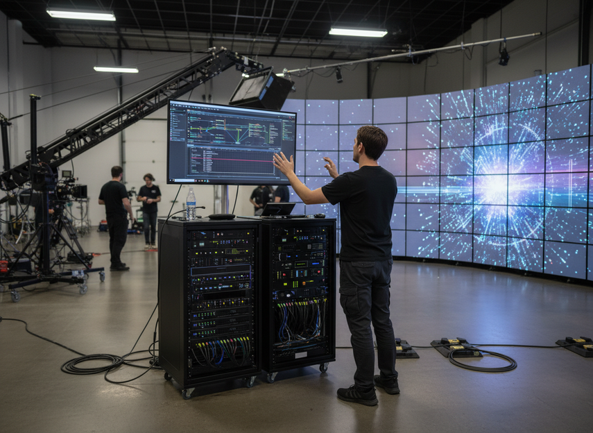 Technician reviewing processor routing for an LED stage wall during an XR setup