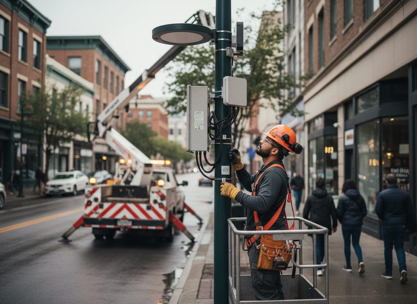 Technician inspecting a smart pole in a city corridor