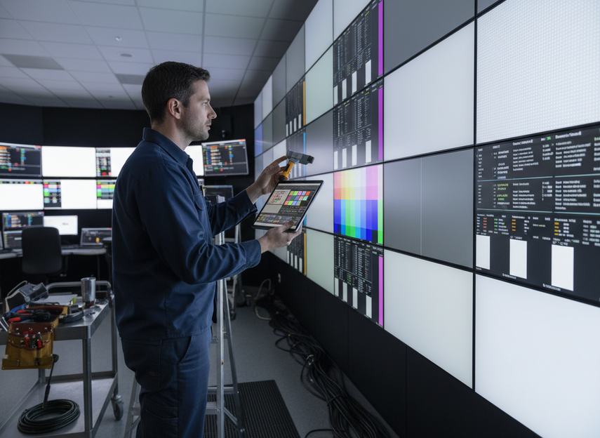 Technician checking an LED wall during a routine calibration session