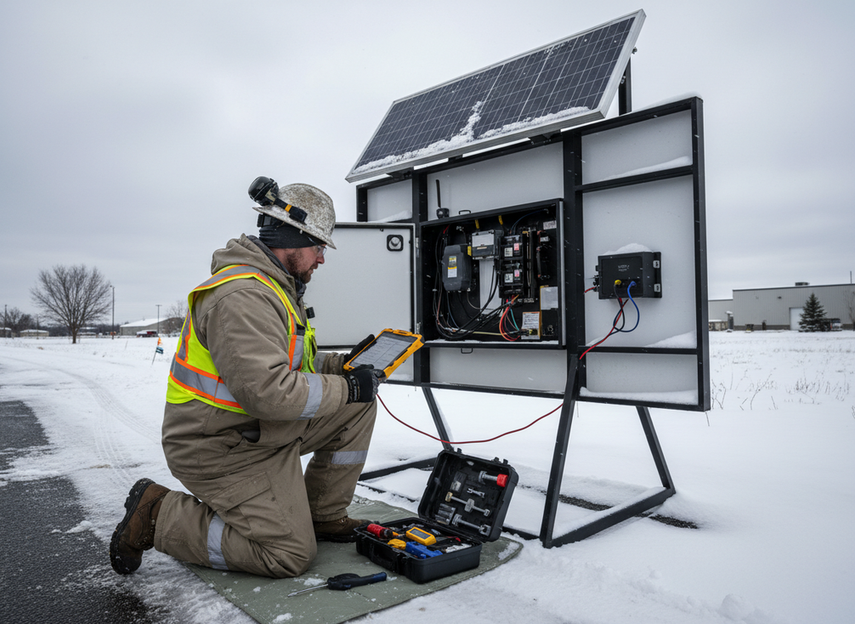 Maintenance technician checking a solar variable message sign in winter