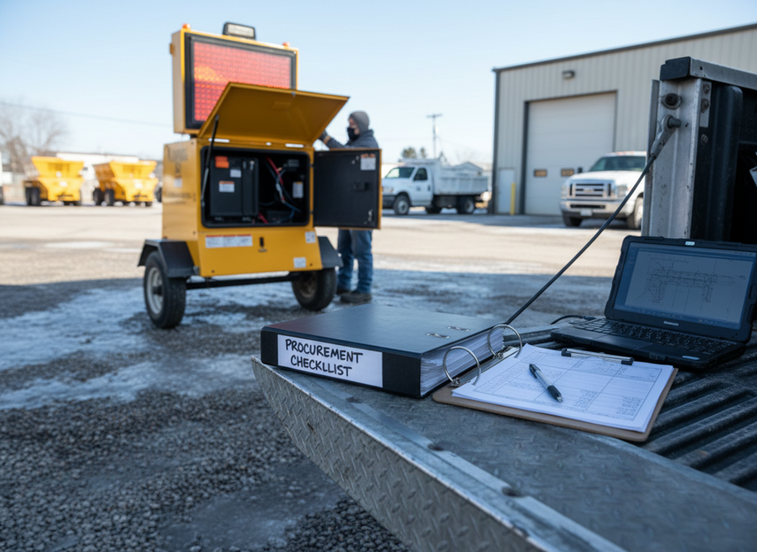 Procurement checklist concept with a solar traffic sign, battery compartment access, and winter conditions