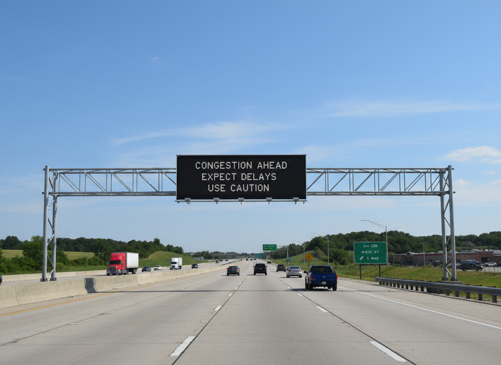 A variable message sign mounted above a highway lane