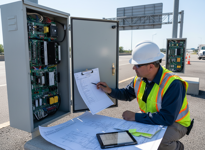 Acceptance checklist documents beside a technician reviewing a highway sign