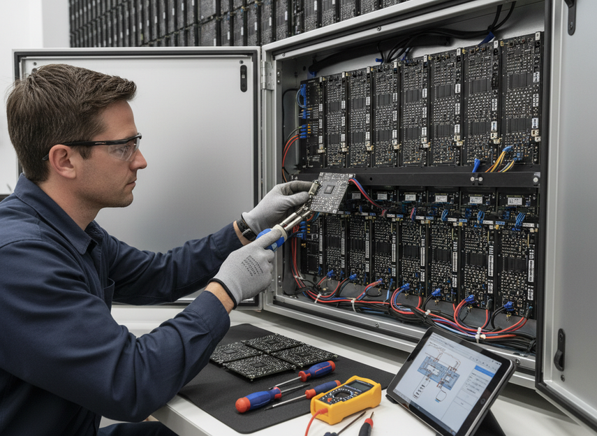 Technician inspecting a modular LED display service bay