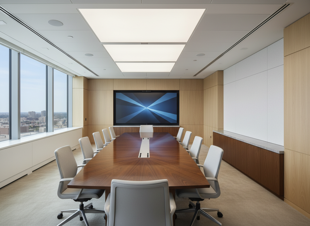 Modern corporate boardroom with integrated ceiling lighting and a polished meeting table