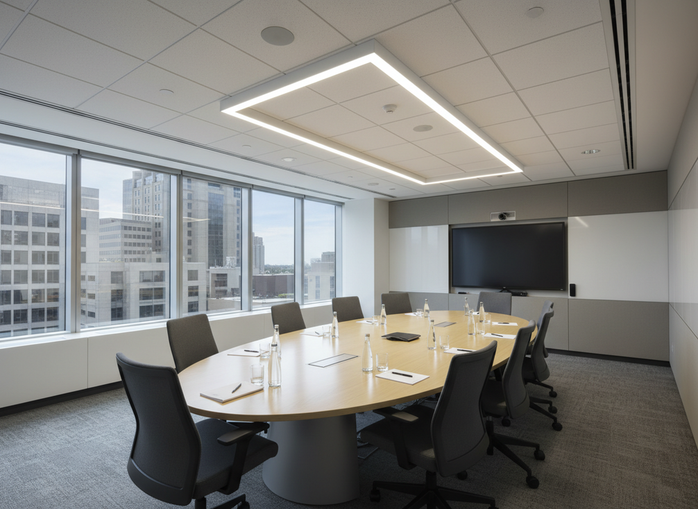 Ceiling lighting highlighted above a collaborative conference table in a meeting room