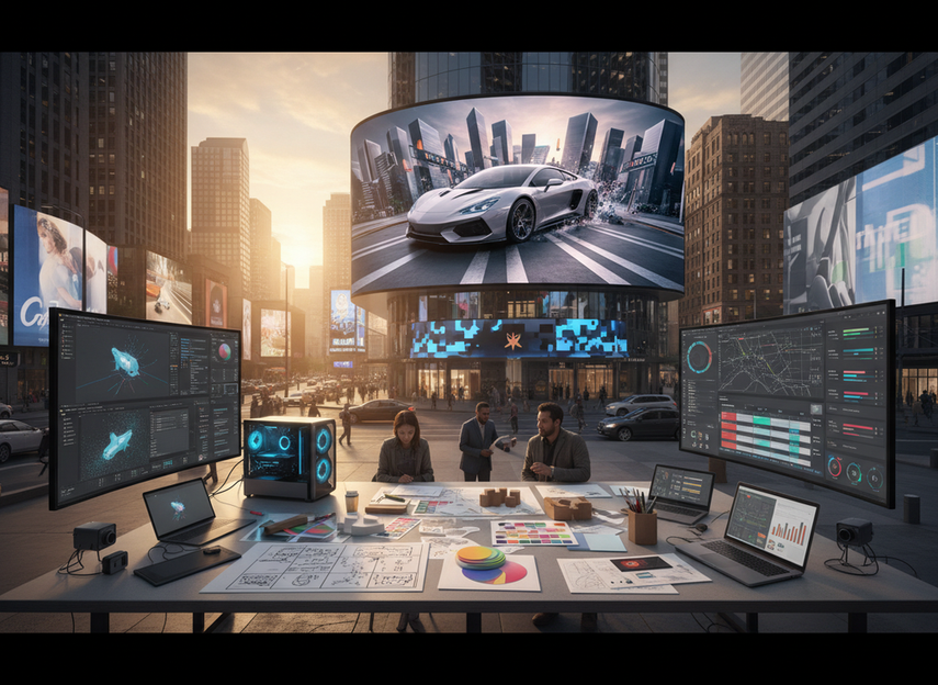 A 3D DOOH campaign workflow shown on a large digital billboard with creative planning and production teams