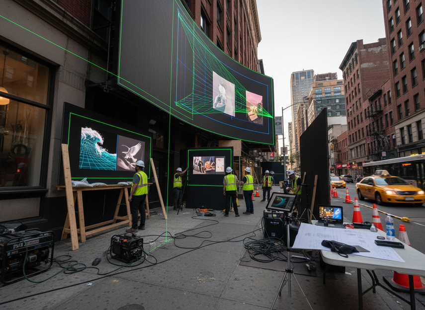 Anamorphic perspective planning for a 3D billboard campaign shown on a street-side mockup