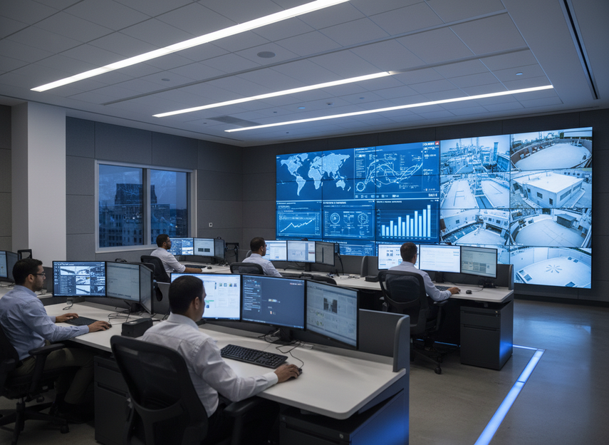 Command center LED wall in a mission-critical operations room