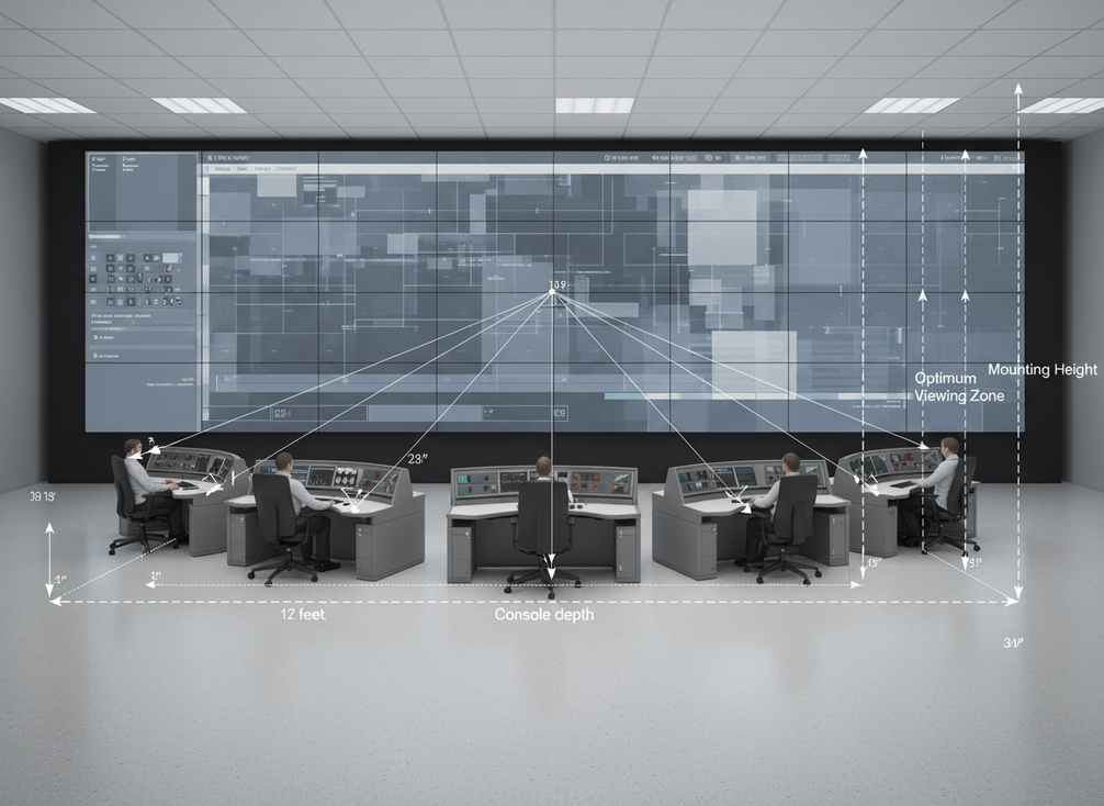 Control room wall layout showing seated sightlines and viewing geometry