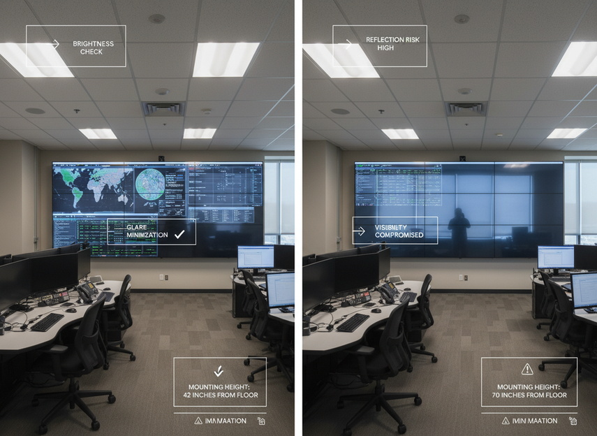 Control room comparison view showing brightness, glare, and mounting checks