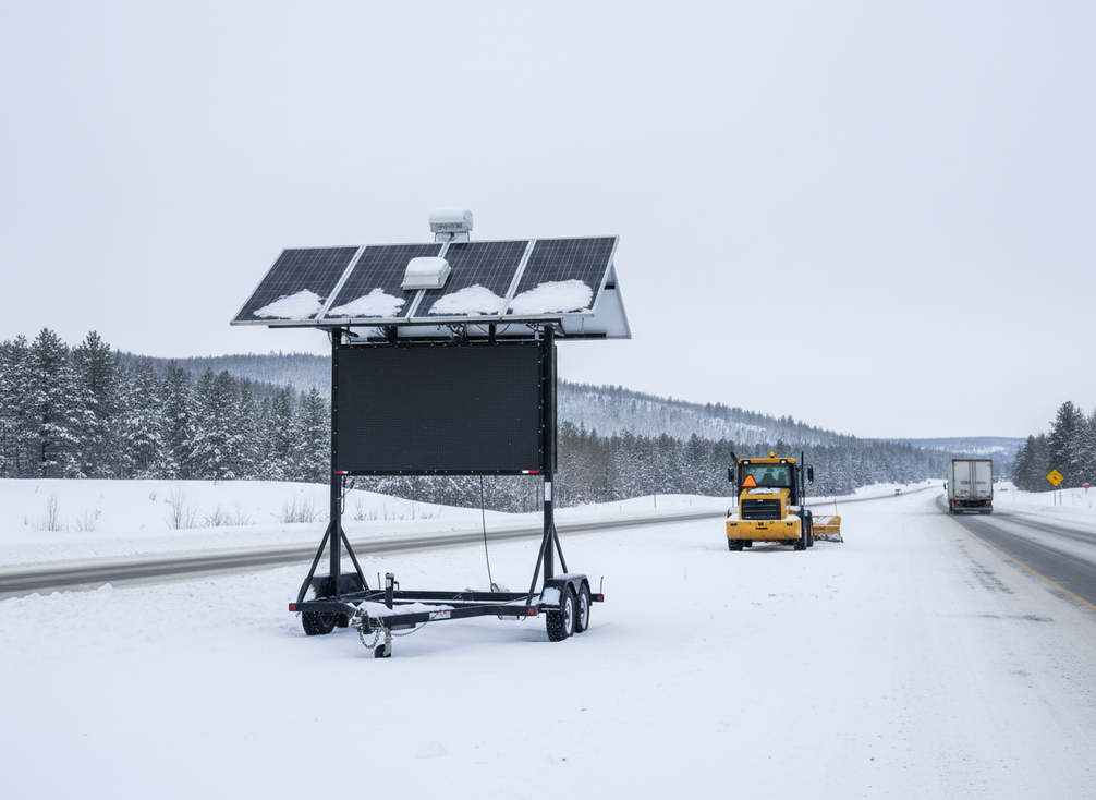 Solar-powered roadside message sign in a snowy winter highway setting, with panels partially covered by snow and a maintenance truck nearby