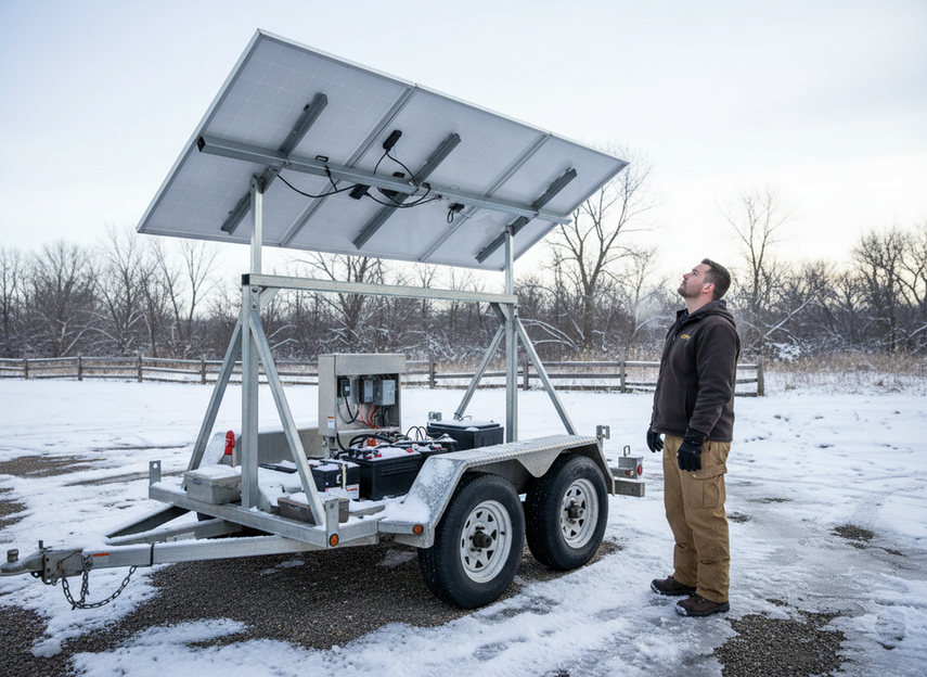 Solar message sign mounted on a trailer during a winter field inspection, with a technician checking snow-covered panels and battery compartment
