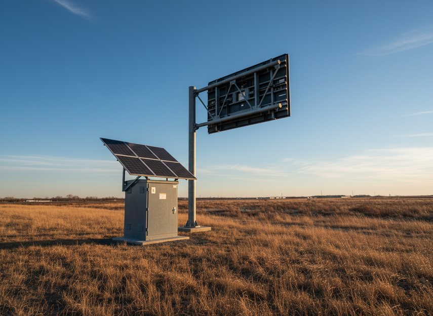 Off-grid highway message sign in cold weather with clear sky, low sun angle, and visible battery and controller enclosure nearby during an operations check