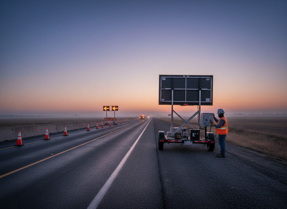 Portable highway VMS trailer shown in a roadside work zone at dusk, with crews setting it up for temporary traffic messaging