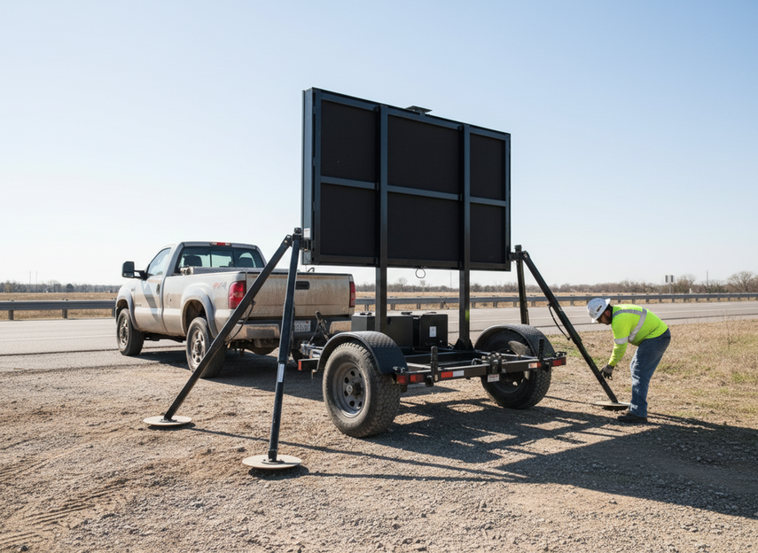 Portable VMS trailer being leveled on a highway shoulder during setup, with outriggers and tow hitch visible