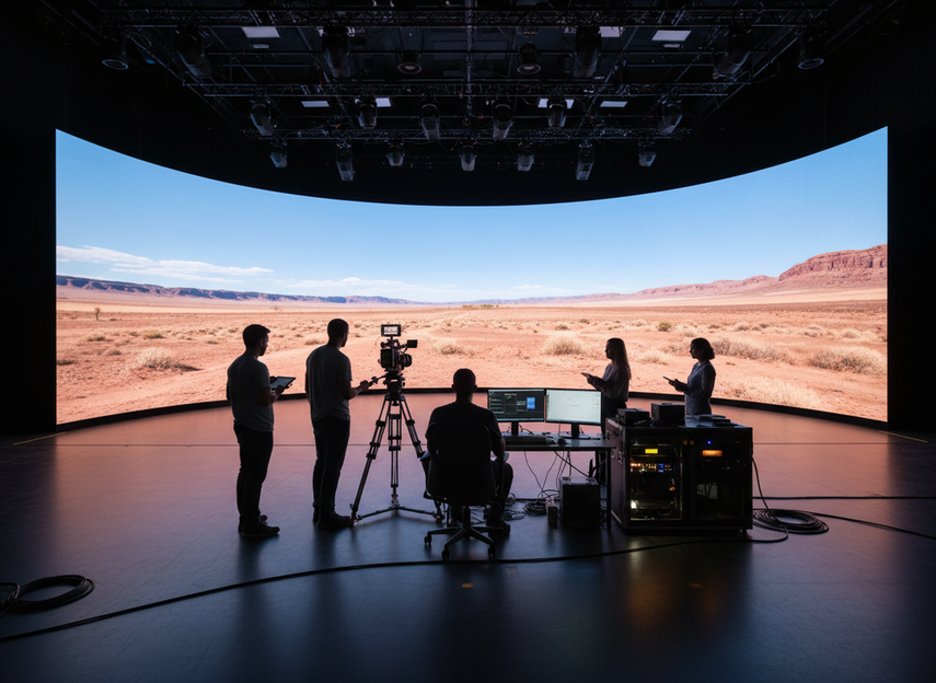 XR LED wall stage with camera, processor rack, and crew checking sync before a shoot