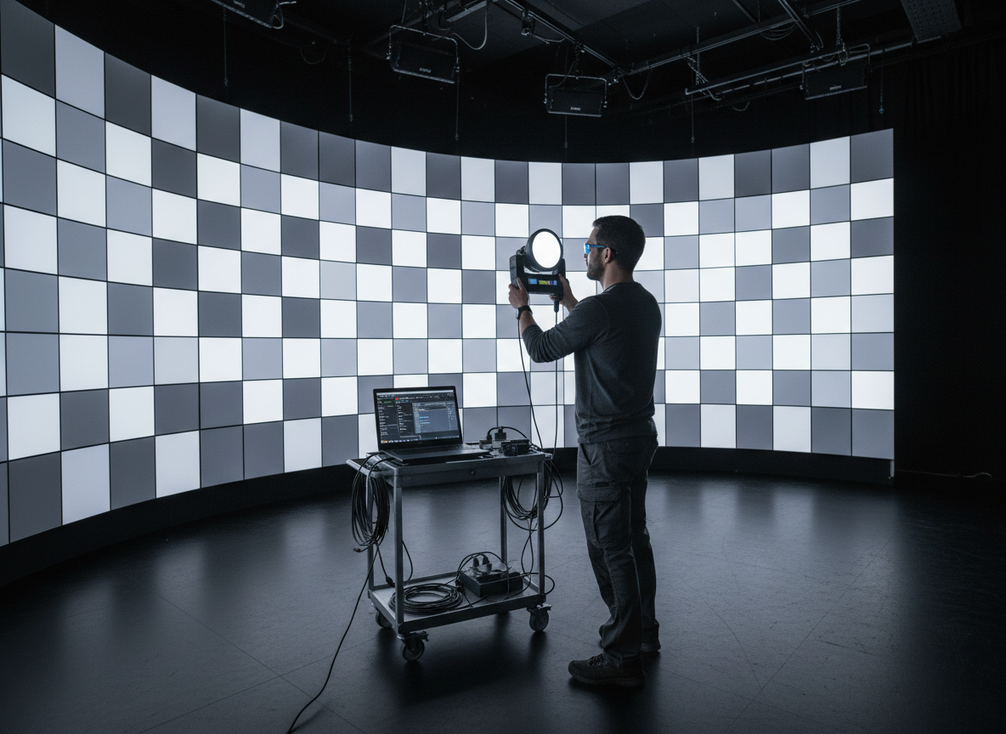 Technician inspecting a virtual production LED wall for calibration and uniformity