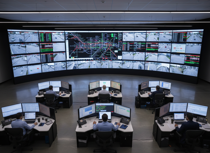 Airport and rail command room with a large LED video wall showing multiple live operational feeds for dispatch monitoring