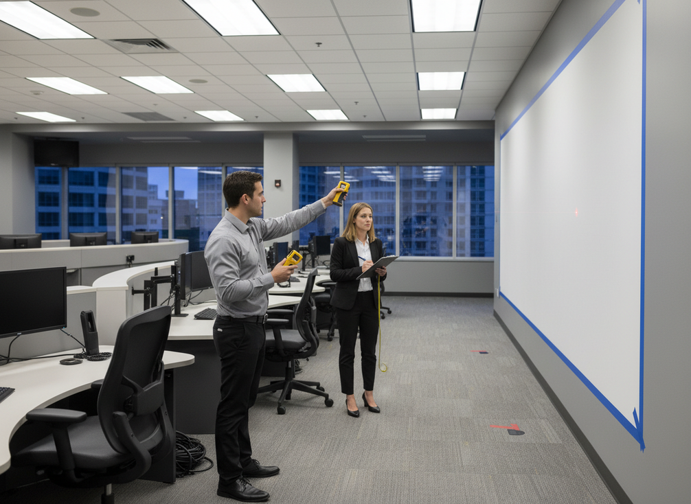 Technician measuring viewing distance and sightlines in a command center before specifying an LED wall