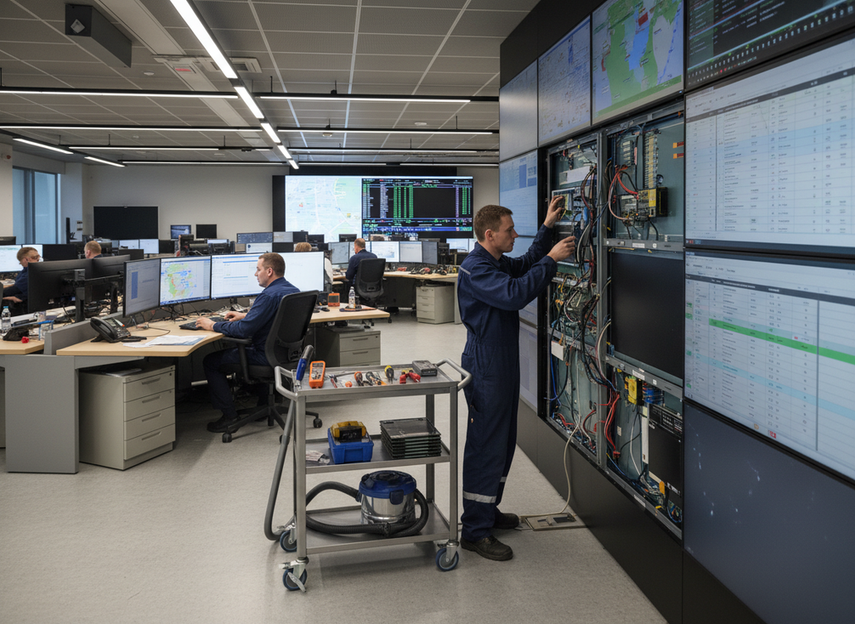 Maintenance technician accessing a modular LED wall panel in a secure control room for service and redundancy checks