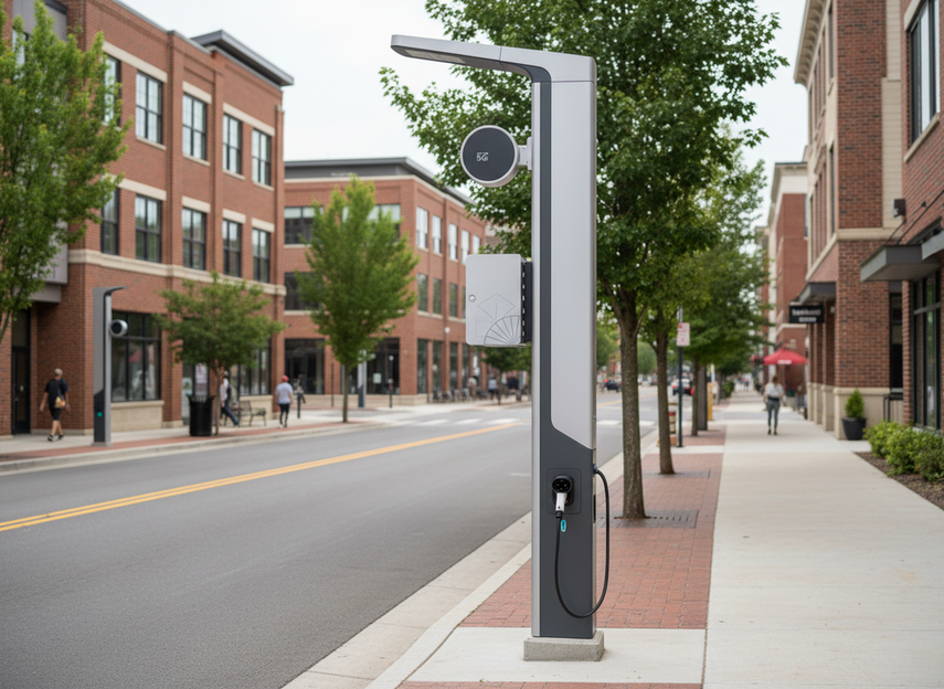 Illustration of a smart streetlight pole with multiple attached devices in a city streetscape
