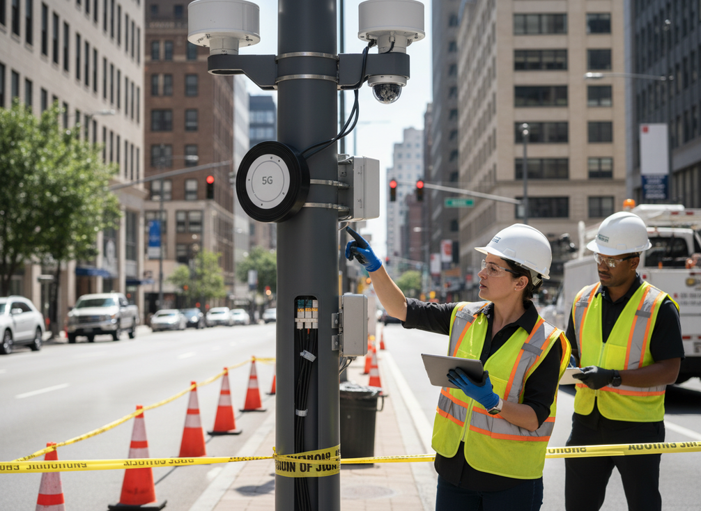 Smart pole being evaluated in the field with a technician inspecting mounted devices and pole access points