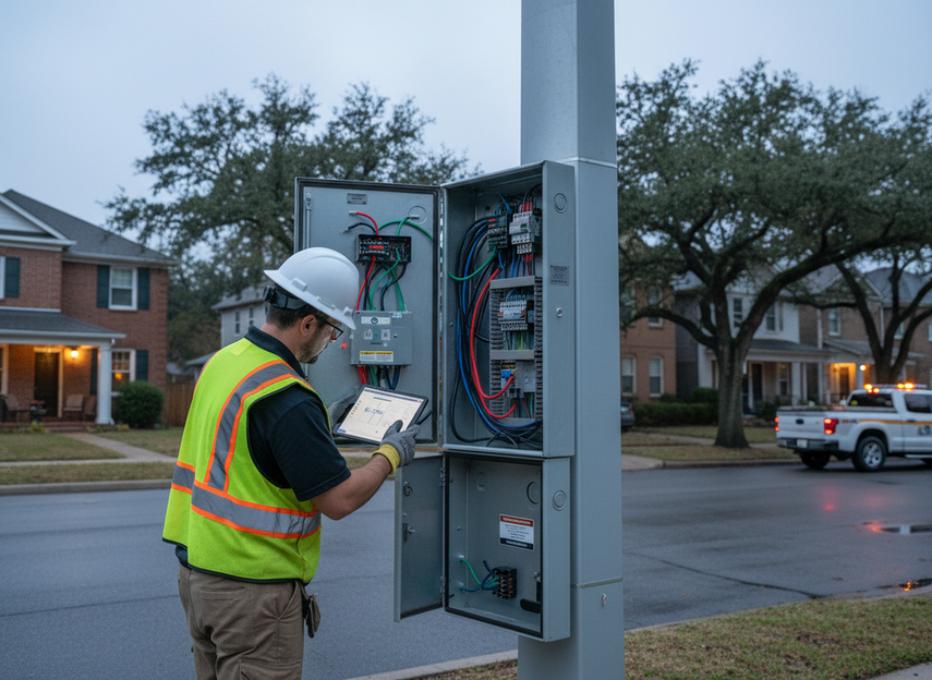Utility worker reviewing a control cabinet beside a smart pole while considering power and maintenance planning