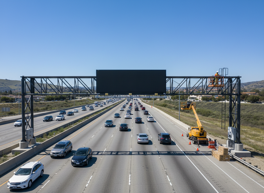 Highway message sign mounted over a roadway, shown as a broad compliance and procurement hero image